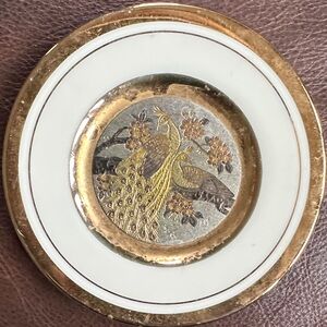 Vintage Chokin Art Peacock Dish – 24k Gold & Silver on Porcelain – Japan